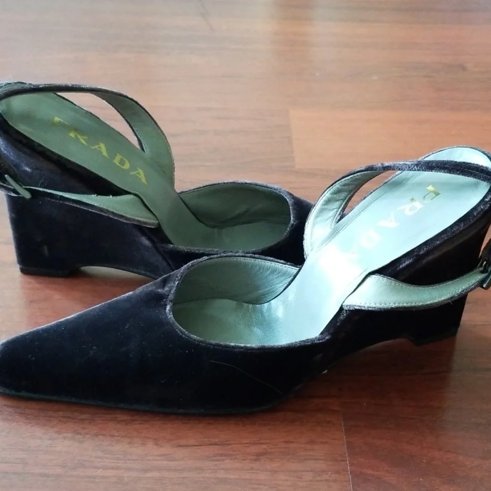 Prada Black Velvet Pointed Wedge Slingbacks